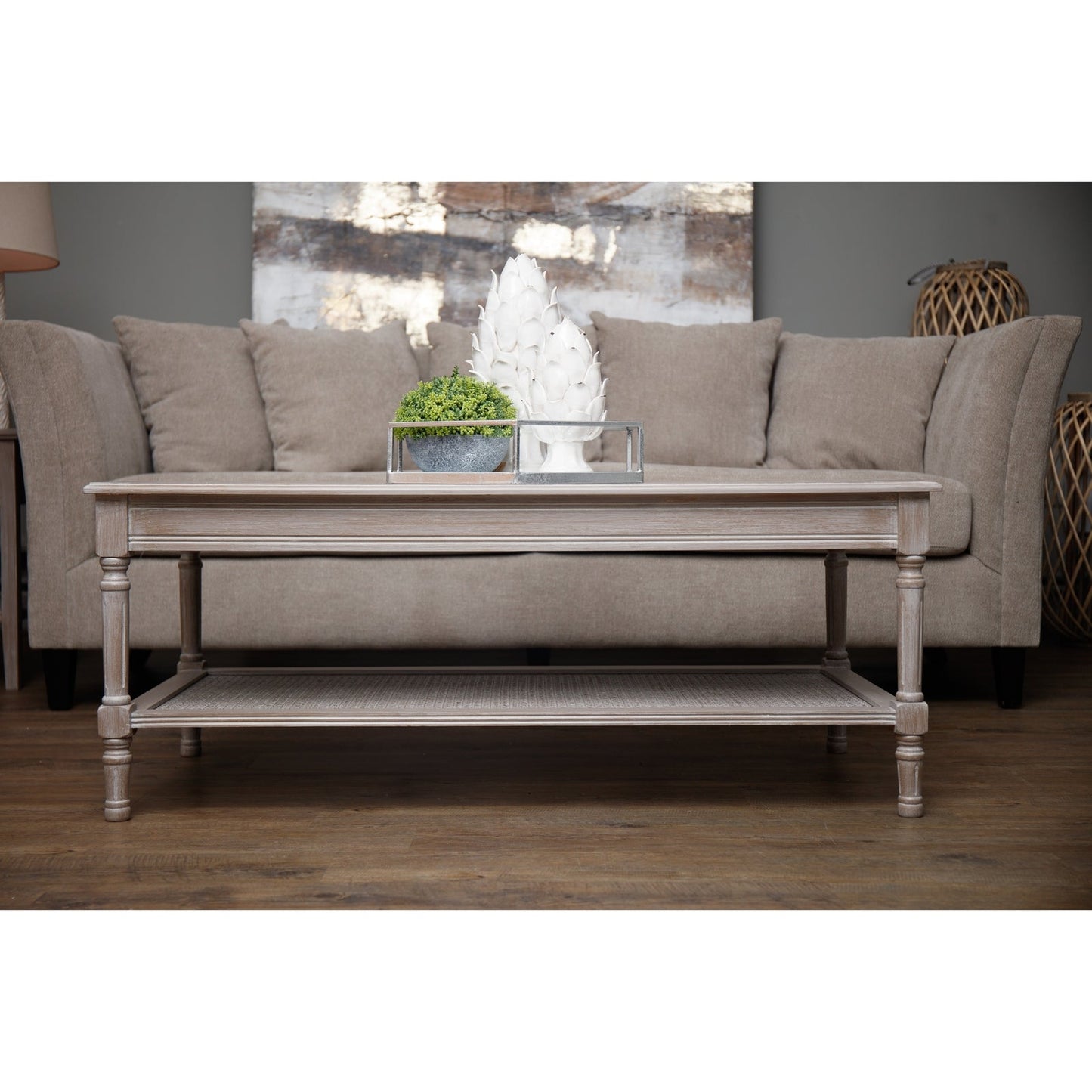 lifestyle image, coffee table in front of beige sofa