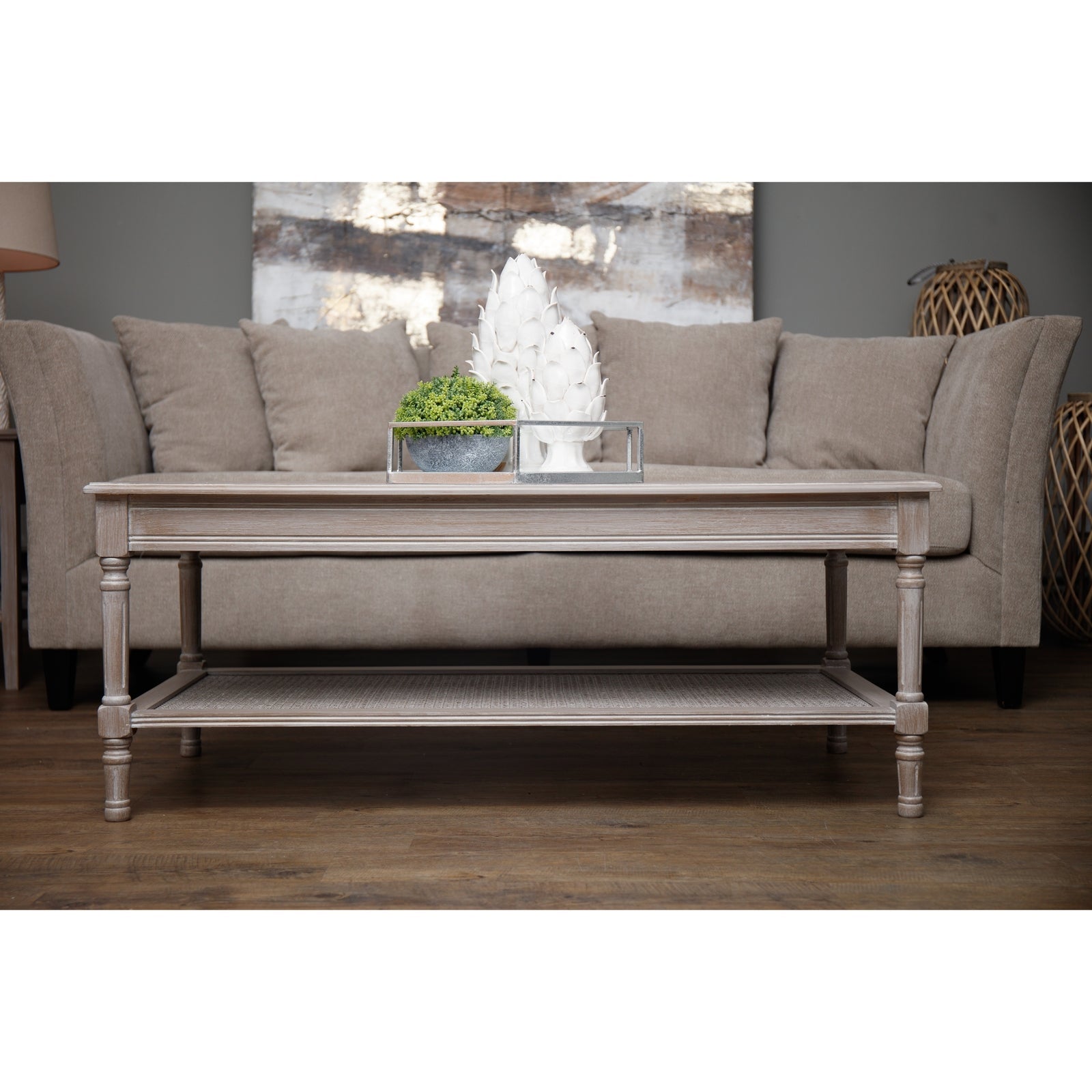 lifestyle image, coffee table in front of beige sofa