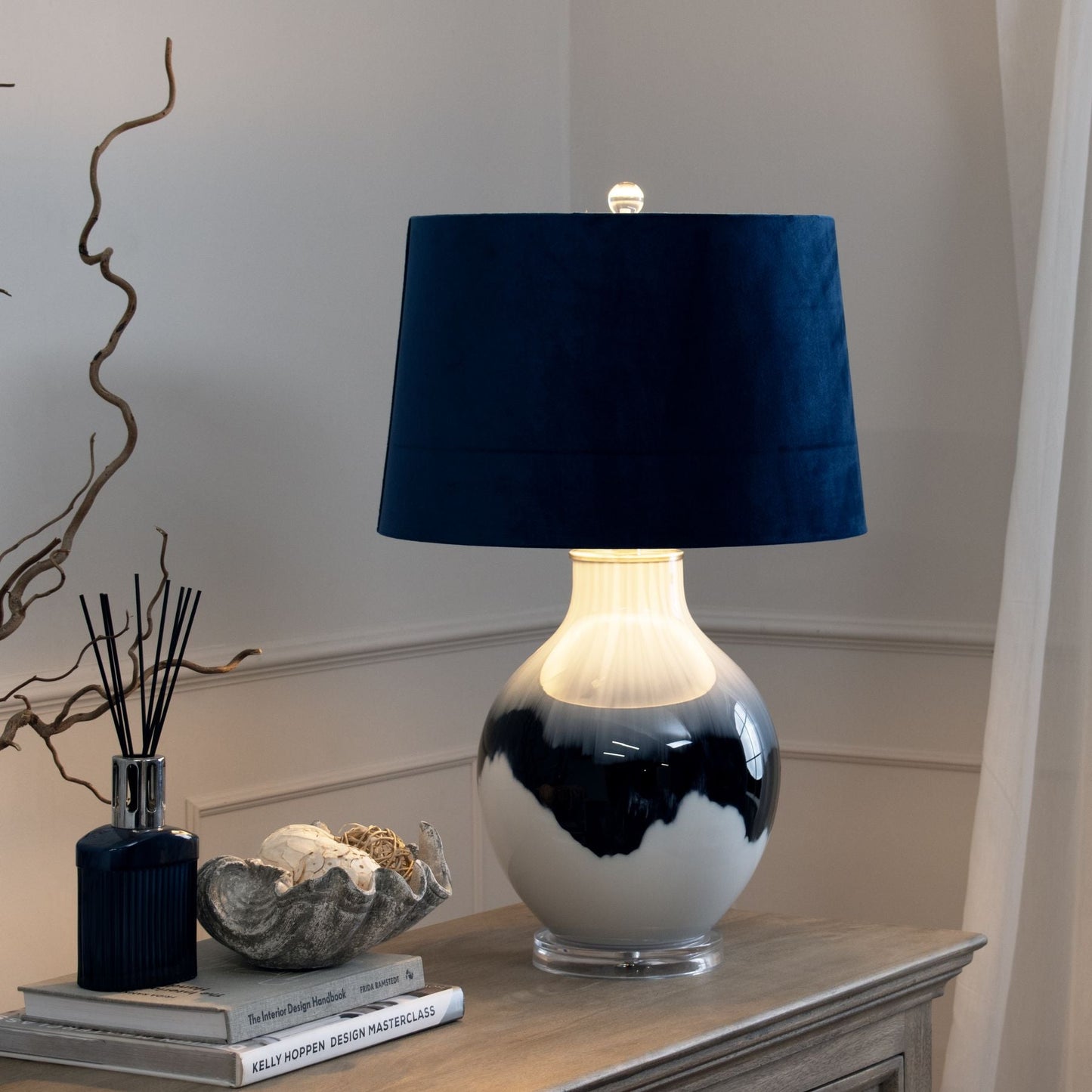 Gulfoss Glass Table Lamp with Navy Velvet Lamp Shade