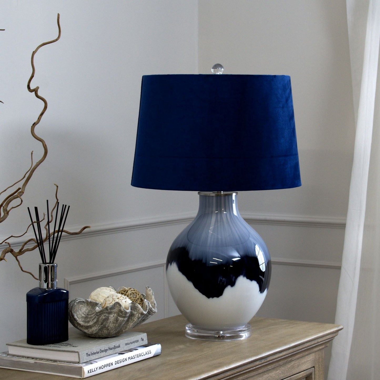 Gulfoss Glass Table Lamp with Navy Velvet Lamp Shade