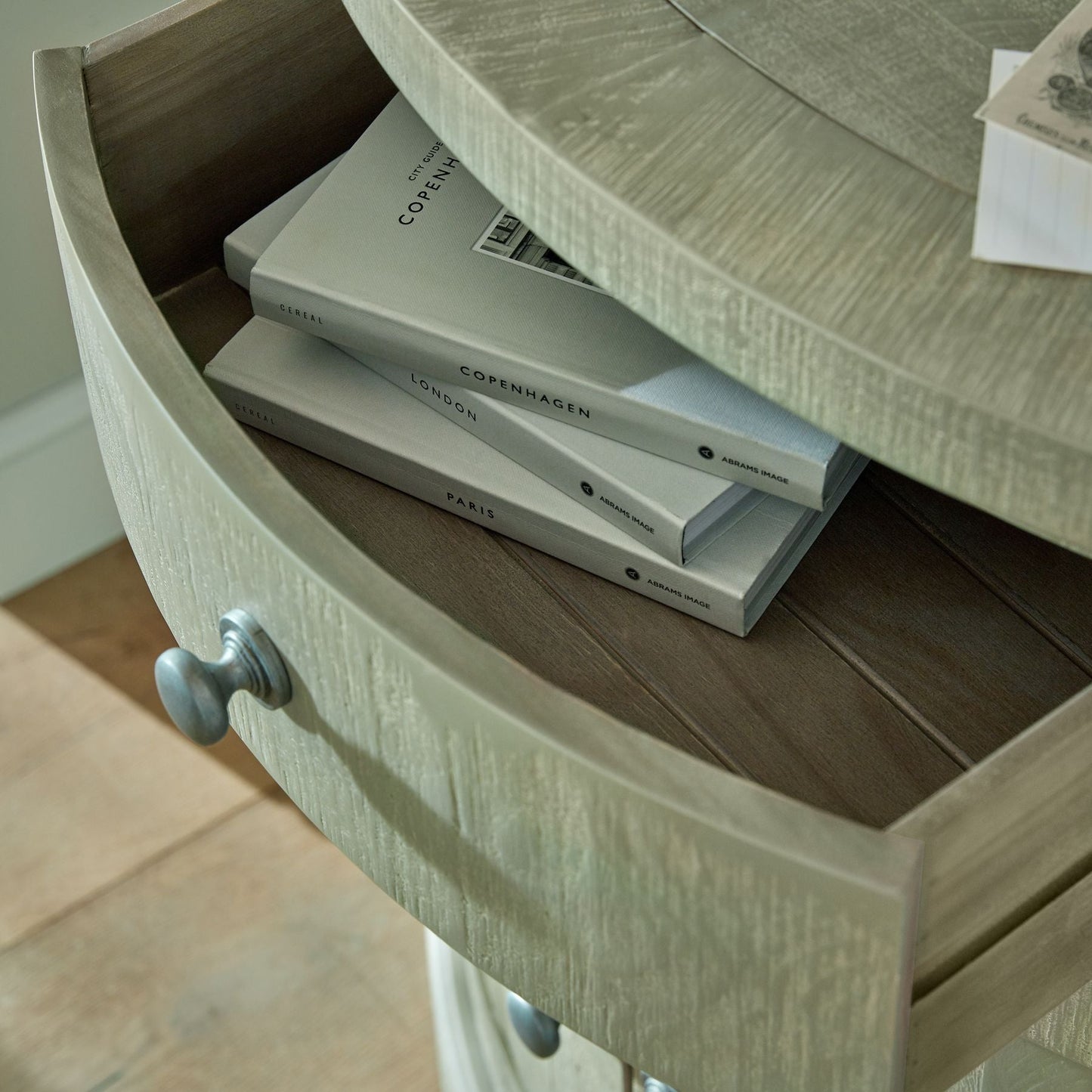 open drawer of the half moon sideboard