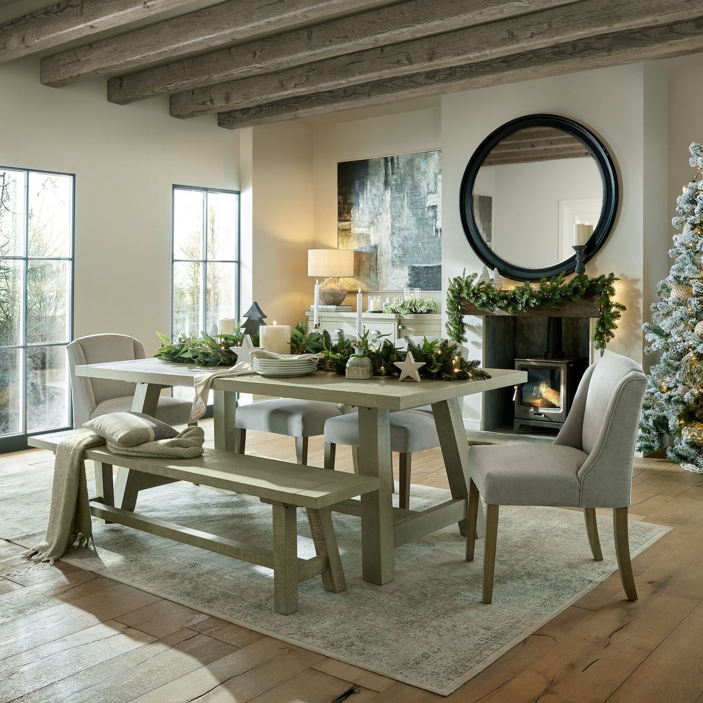 dining room with table, chairs, bench and sideboard from shipley collections