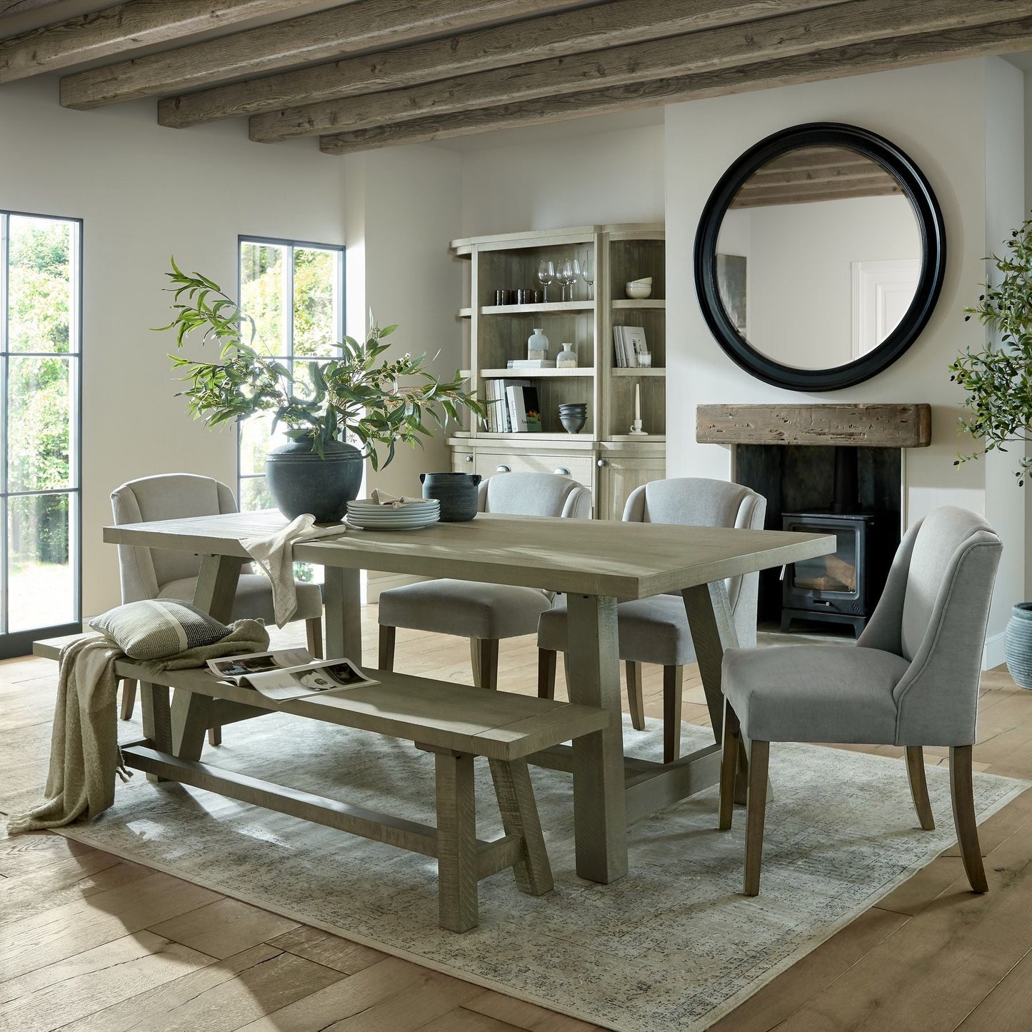 dining room with shipley collection, table, bench, sideboard and dresser top