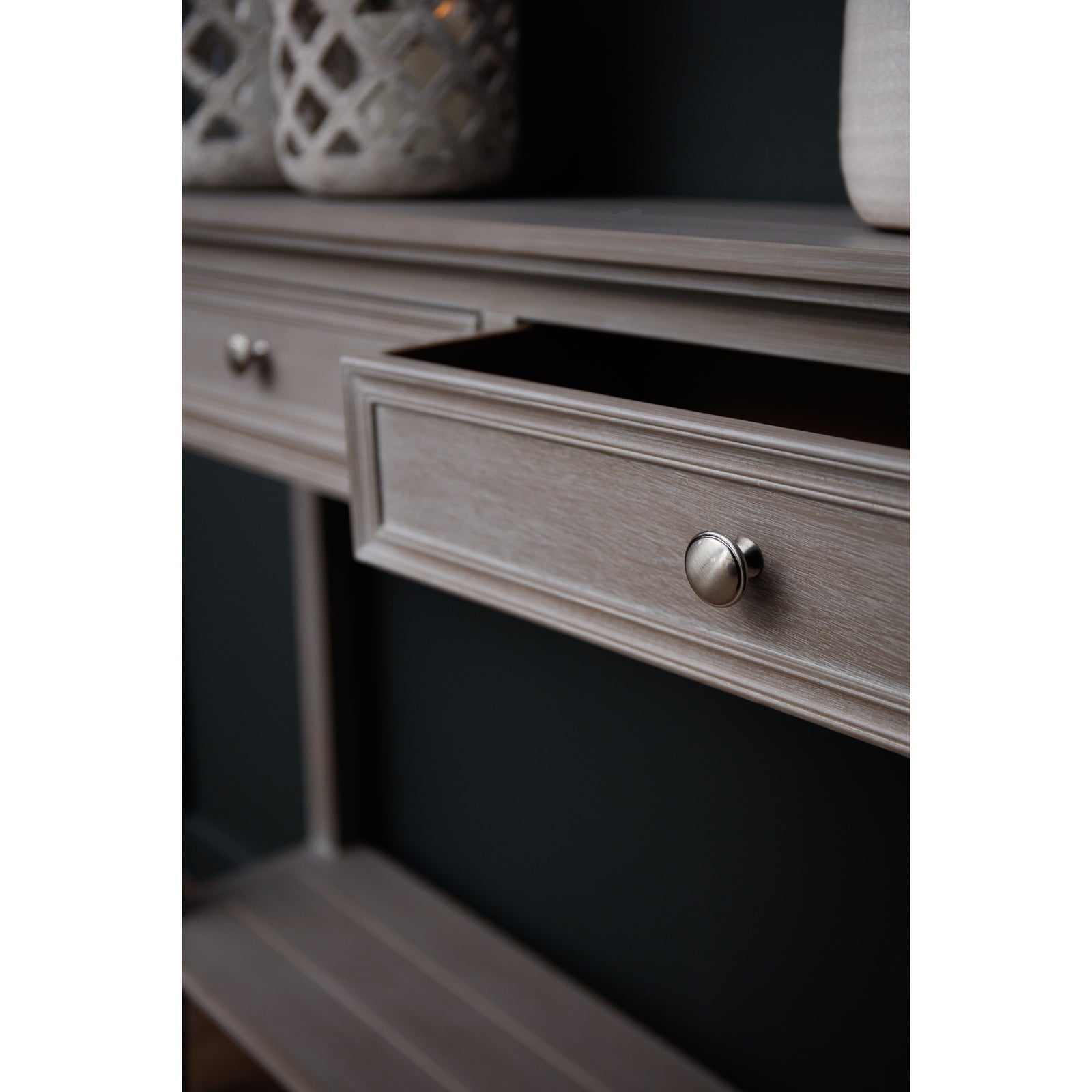 open drawer on large console table