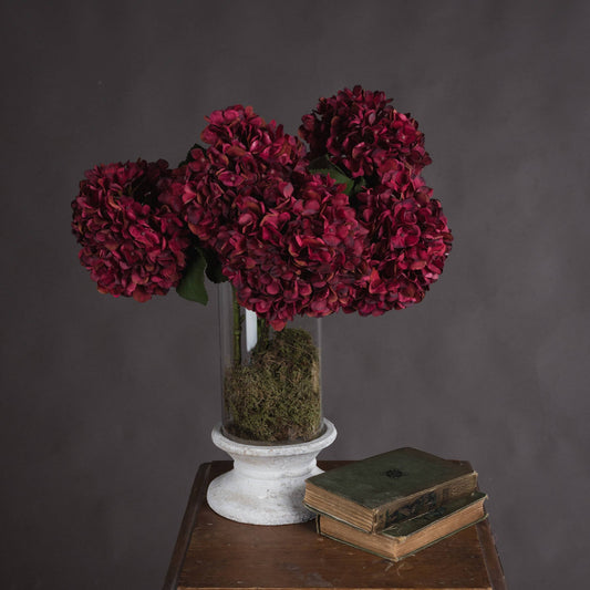 single stem ruby hydrangea's in glass and stone vase on wooden side table, next to two antique books