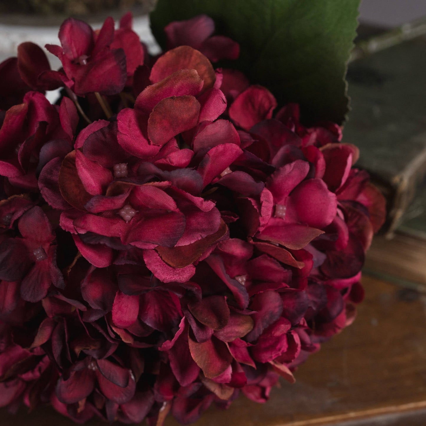 close up of hand-painted ruby hydrangea petals