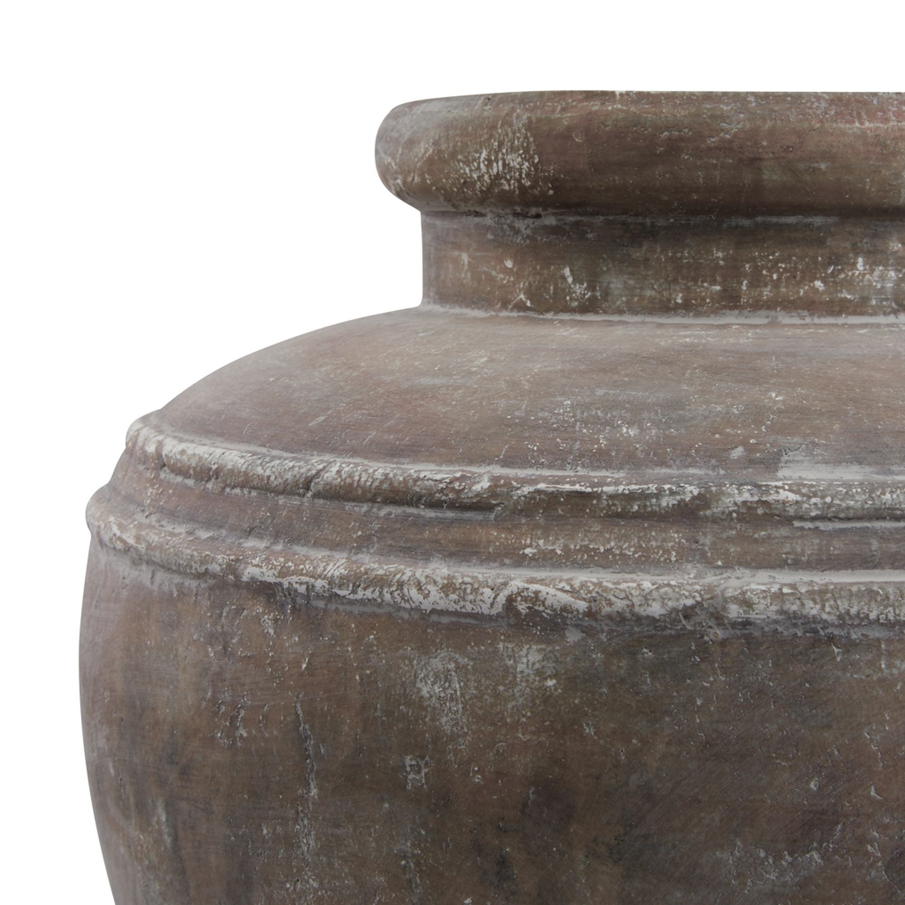 close up side view of large rustic water pot vase