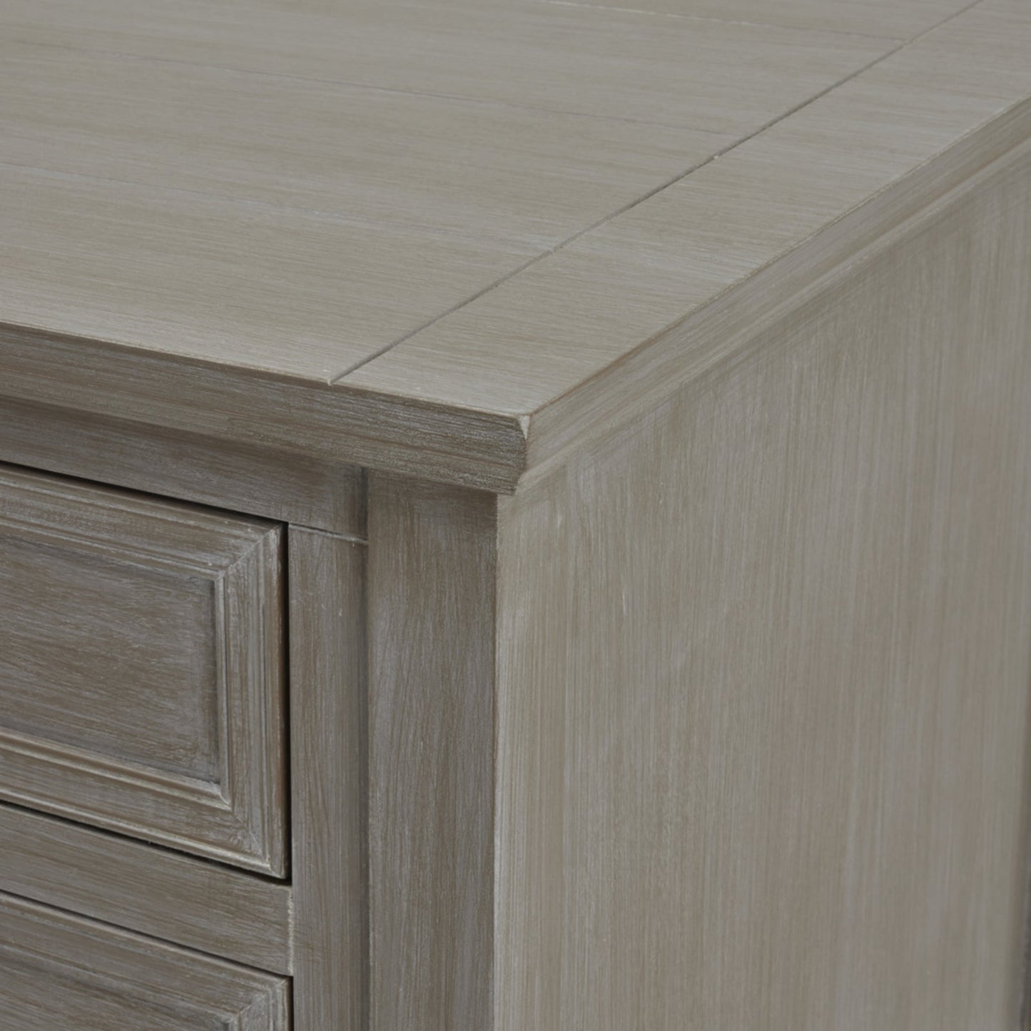 top and corner detail of small console table with storage