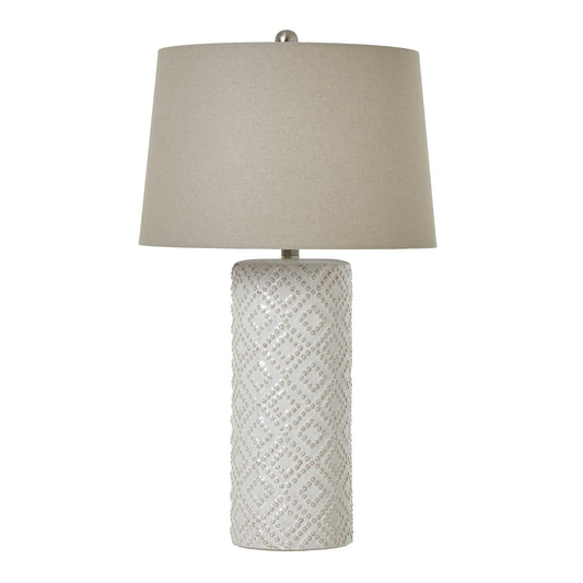 Tall White Beaded Table Lamp with Linen Shade