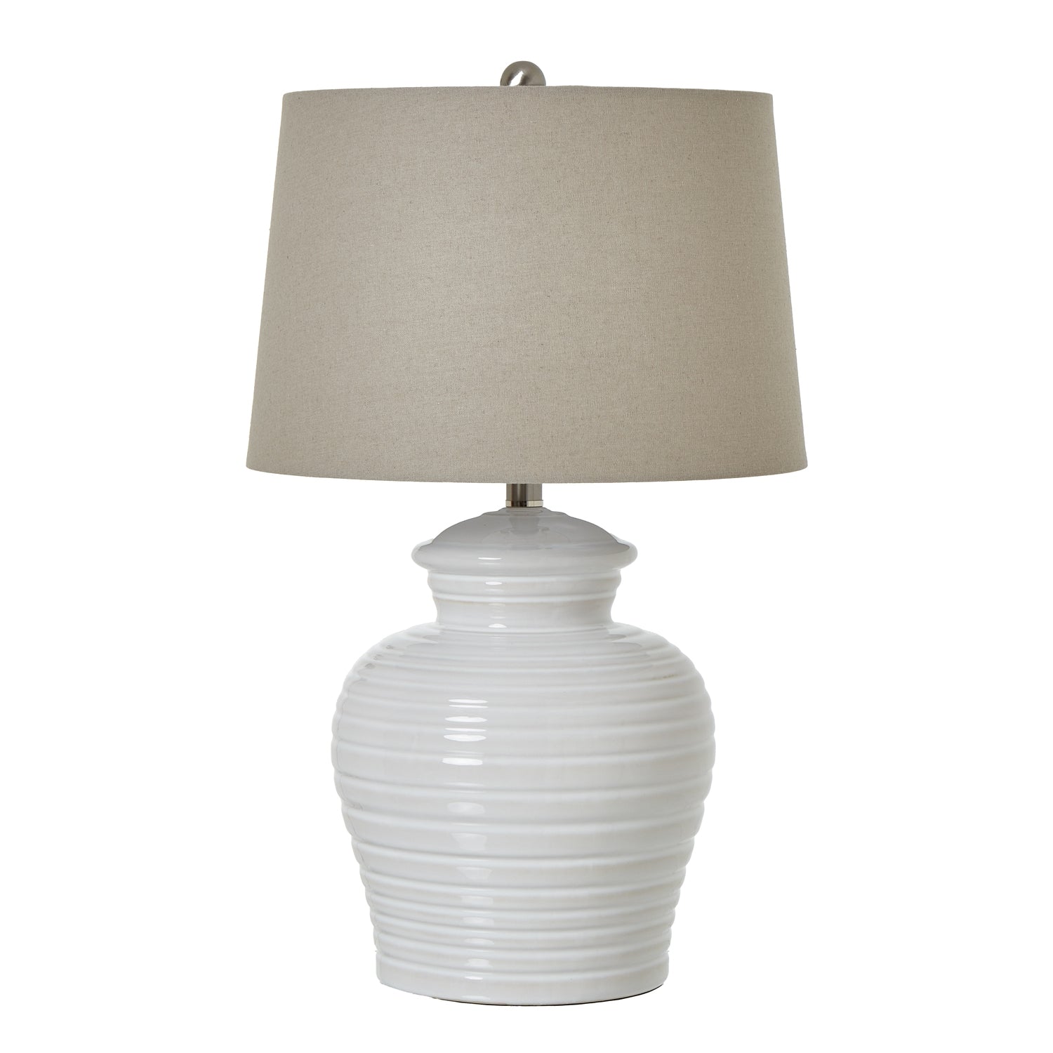 white lamp, ribbed ceramic base and linen lamp shade