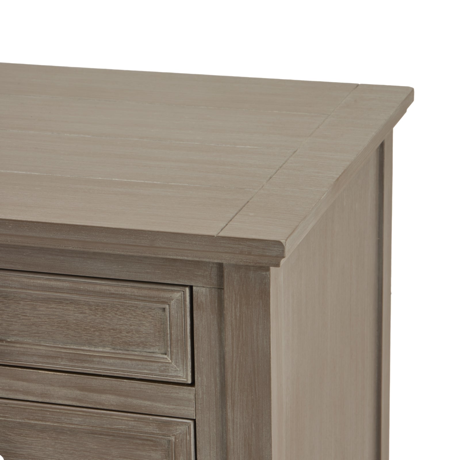 top detail of wood bedside table with 3 drawers