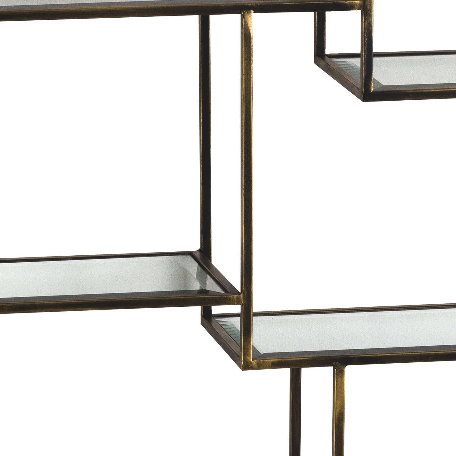 close up of antique brass finish on the multi shelf unit