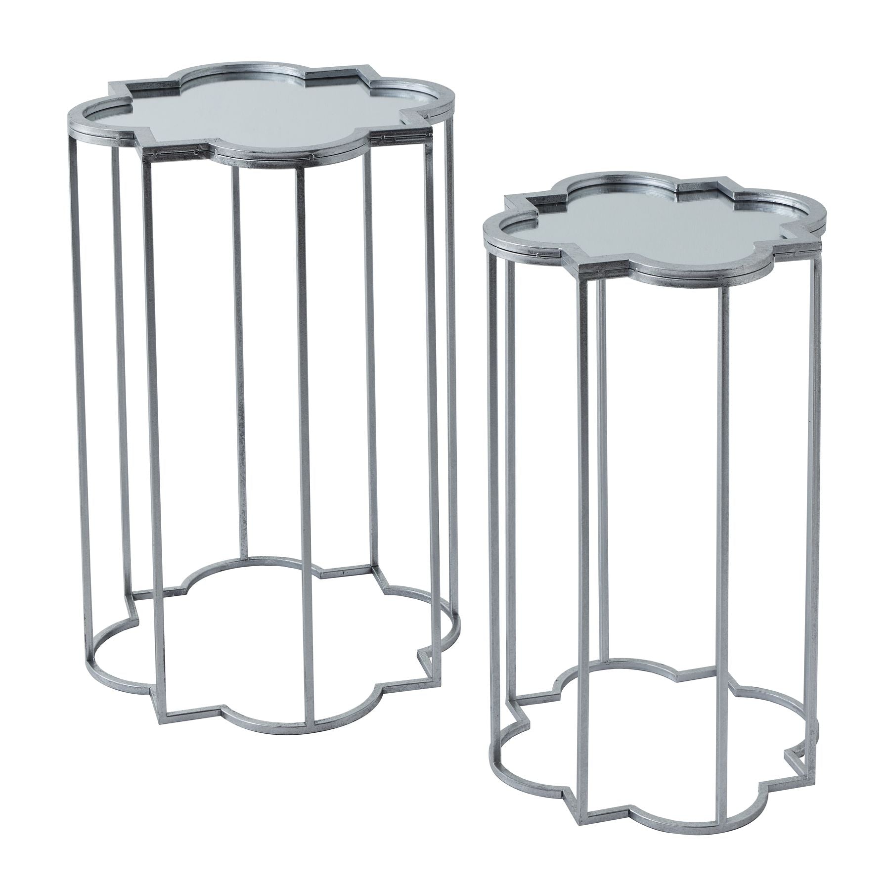 mirrored set of 2 side tables, the left shows the larger one and the right the smaller