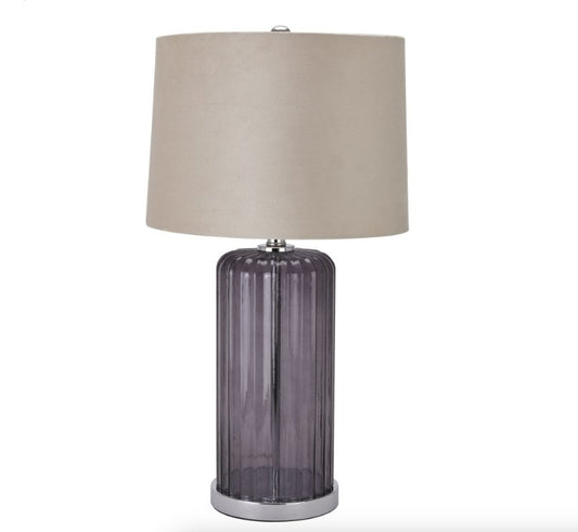 smoked ribbed glass table lamp with natural coloured velvet shade