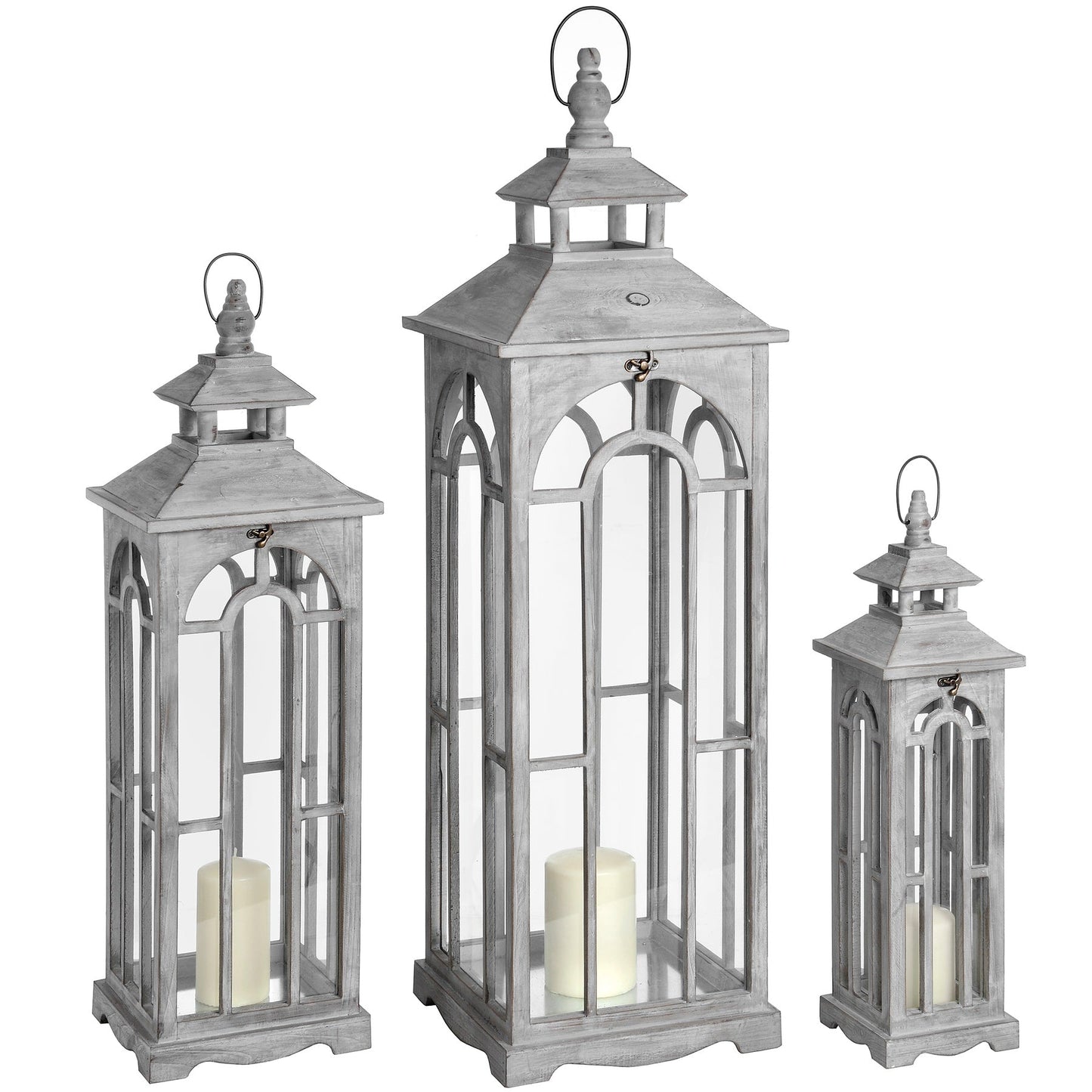 set of three wooden lanterns, each lantern has an LED Candle inside