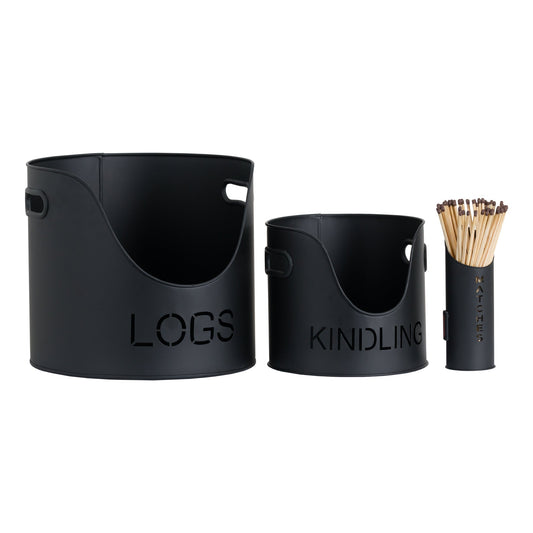 Black Finish Logs, Kindling Buckets & Matchstick Holder