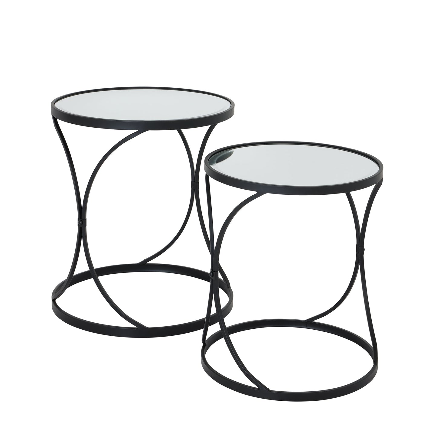 Set of two black metal side tables with mirrored tops