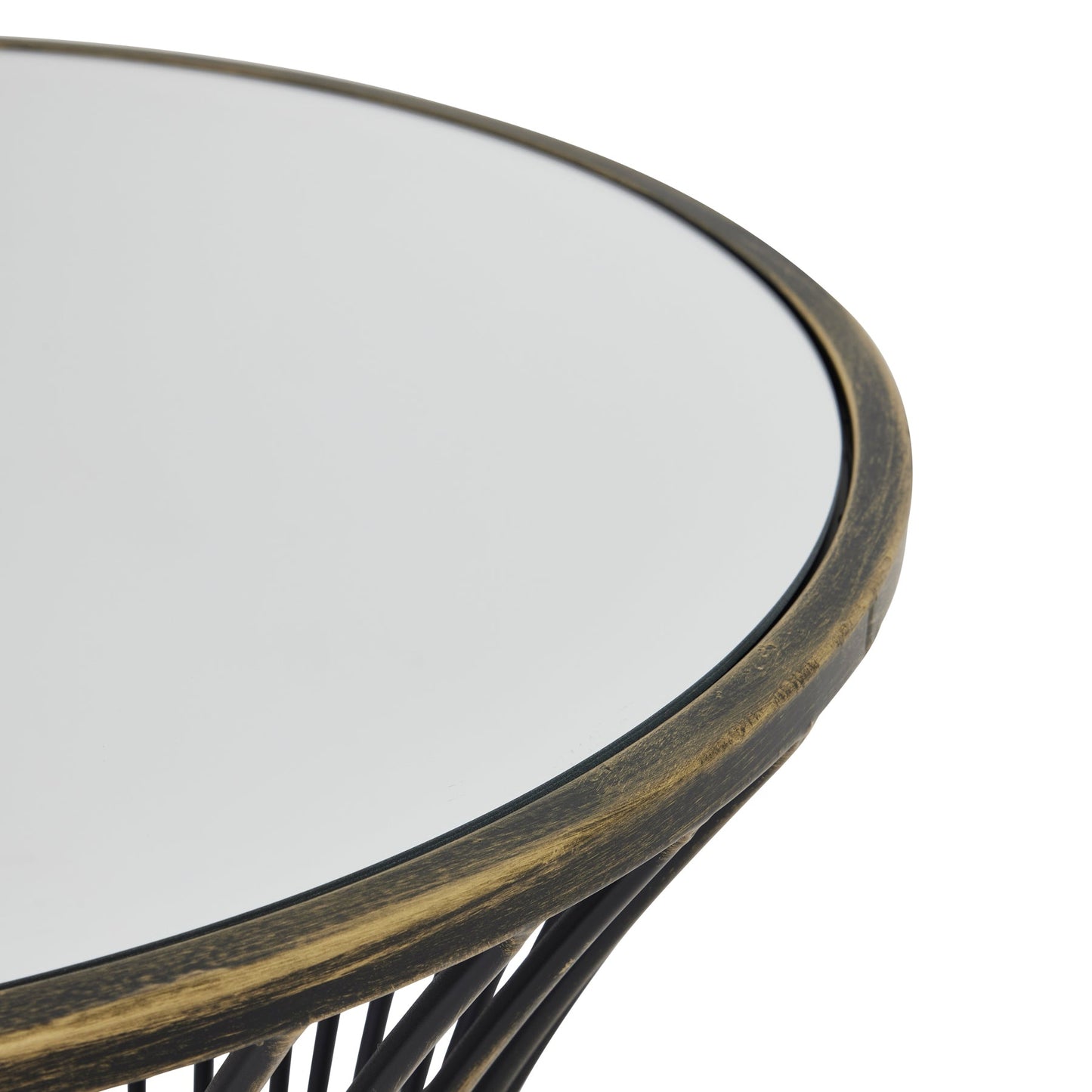 close up detail of the edge showing the brass effect on the frame and mirrored top