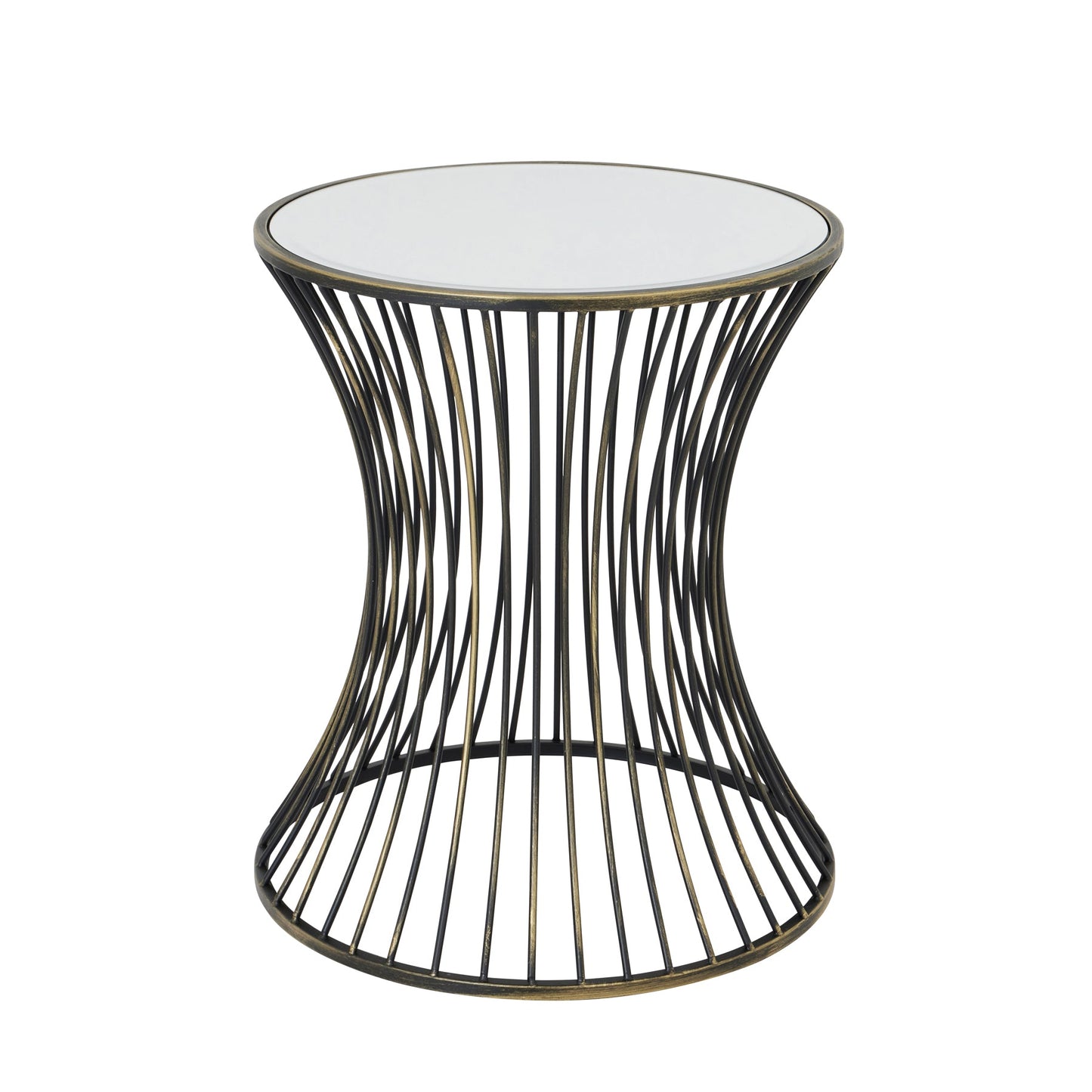 concave shaped brass side table with mirrored top