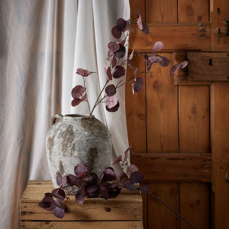 Single burgundy berry detail eucalyptus spray, displayed in aged stone vase