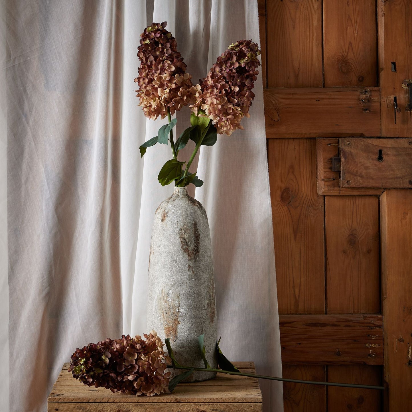 two stems of spear head hydrangeas in tall stone vase, a third spear head hydrangea is laid down in front of the vase