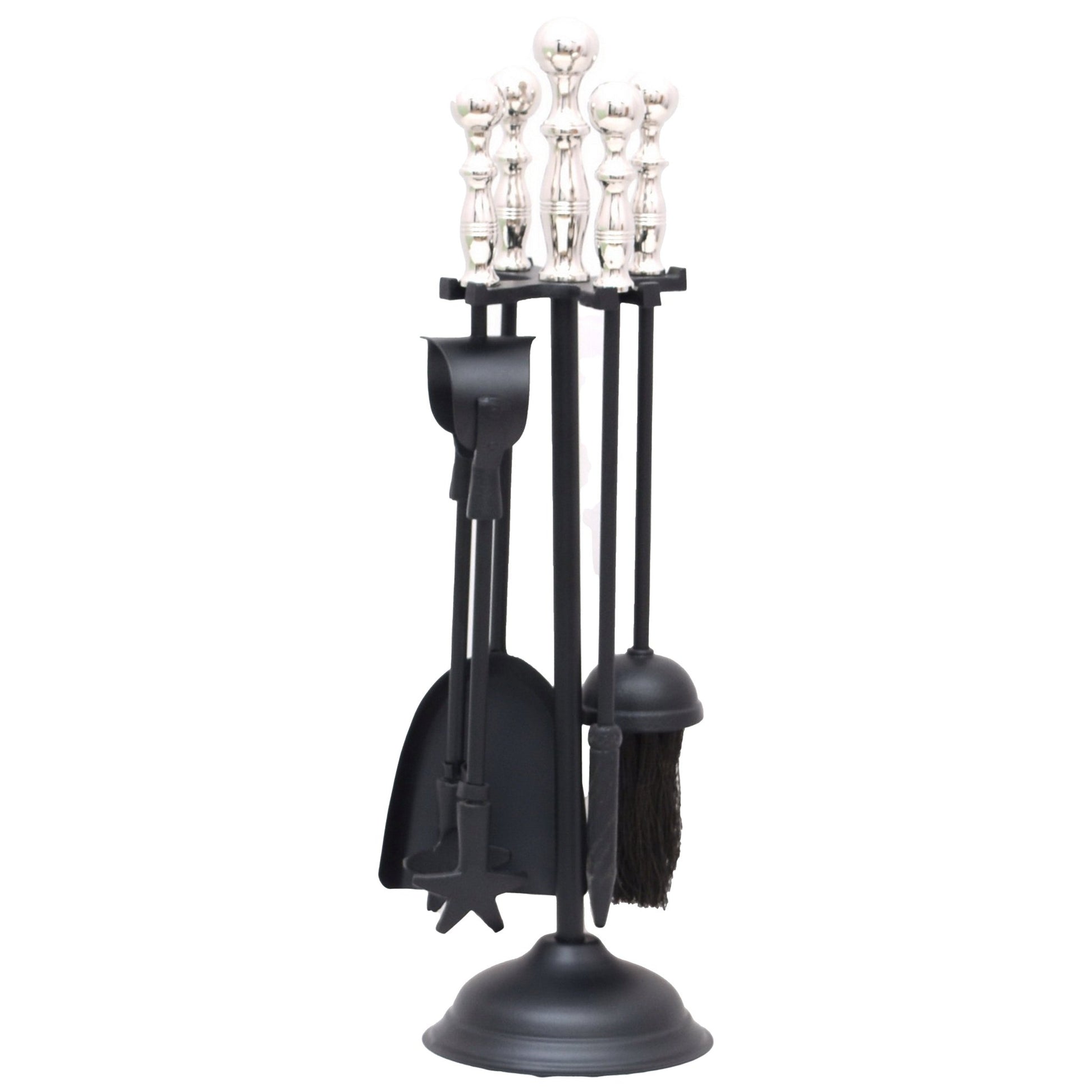 Companion set, black metal stand with chrome handle, with tongs, poker, brush and shovel