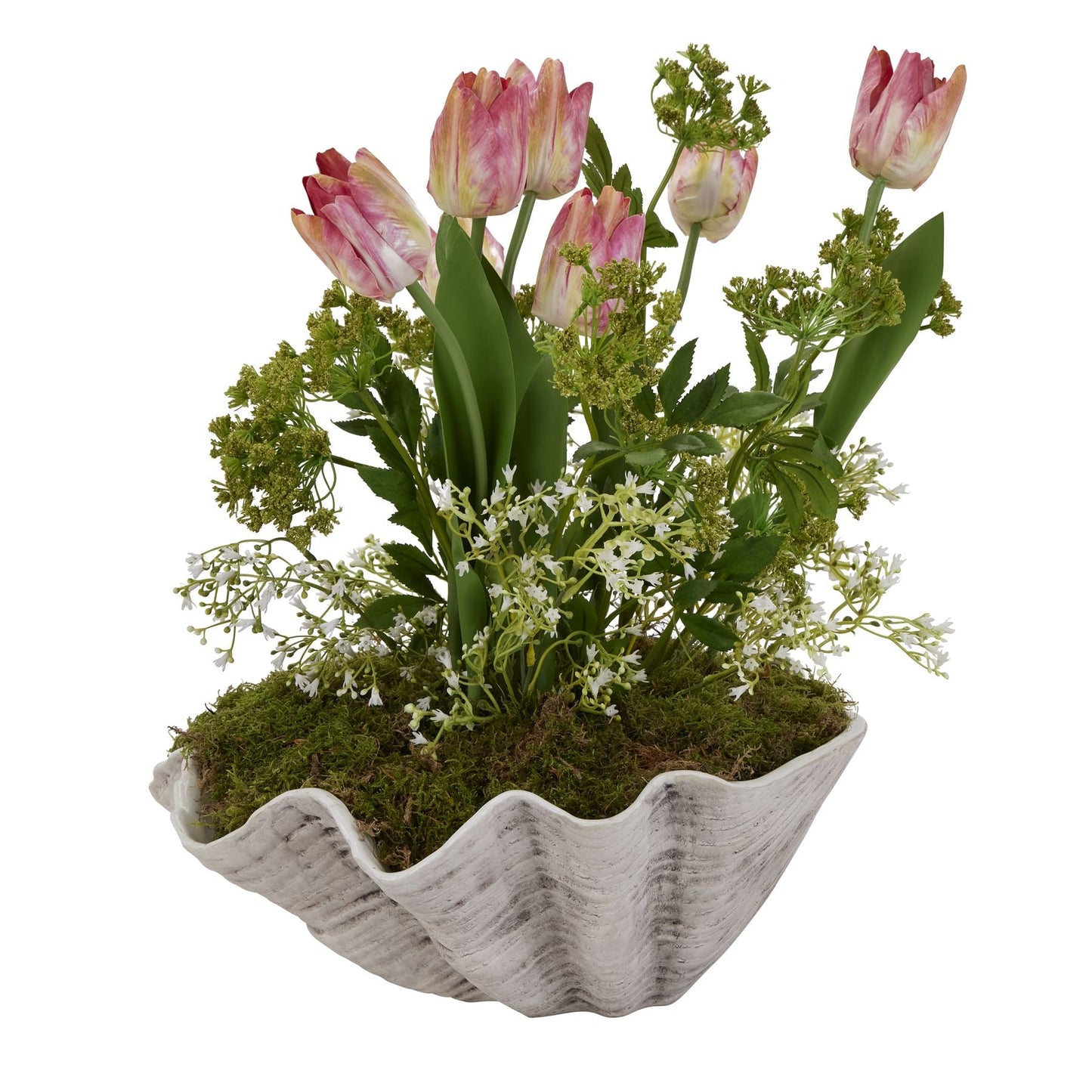 clam shell bowl with artificial tulips 