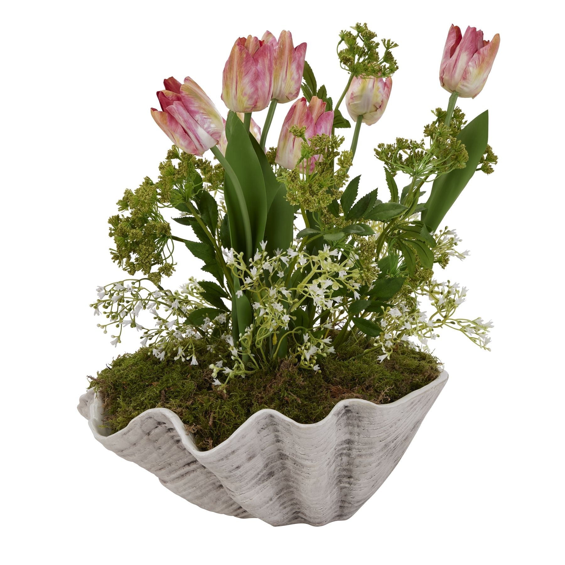 clam shell bowl with artificial tulips 