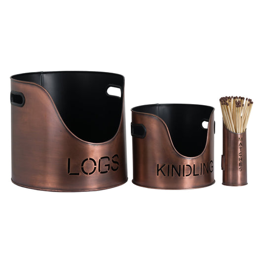 Copper Finish Logs, Kindling Buckets & Matchstick Holder