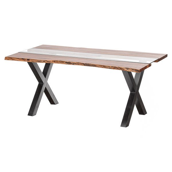 Our Live Edge 6 Seater Dining Table, with toughened glass centre and gun metal cross legs