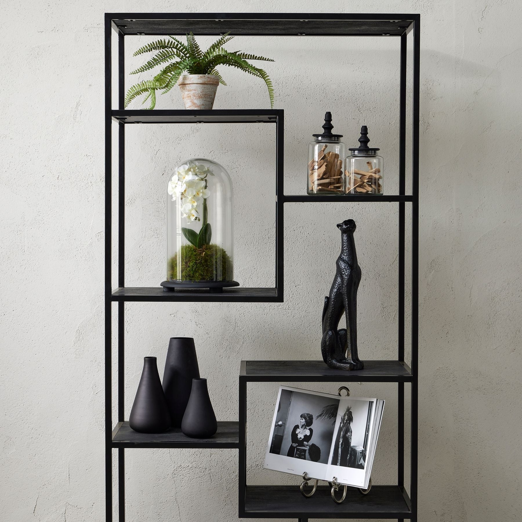 Large cloche displayed on black multi shelf with other decorative items including, leopard ornament, three matte black vases, two glass cannisters and an artificial fern plant