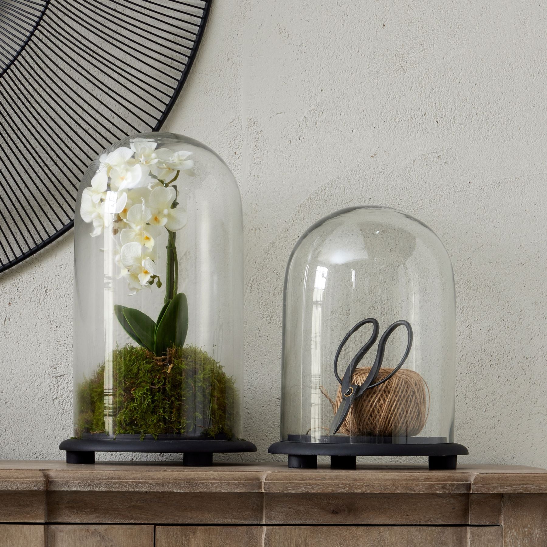 both sizes of cloche on a sideboard, large with artificial orchid in and small with roll of twine and vintage scissors