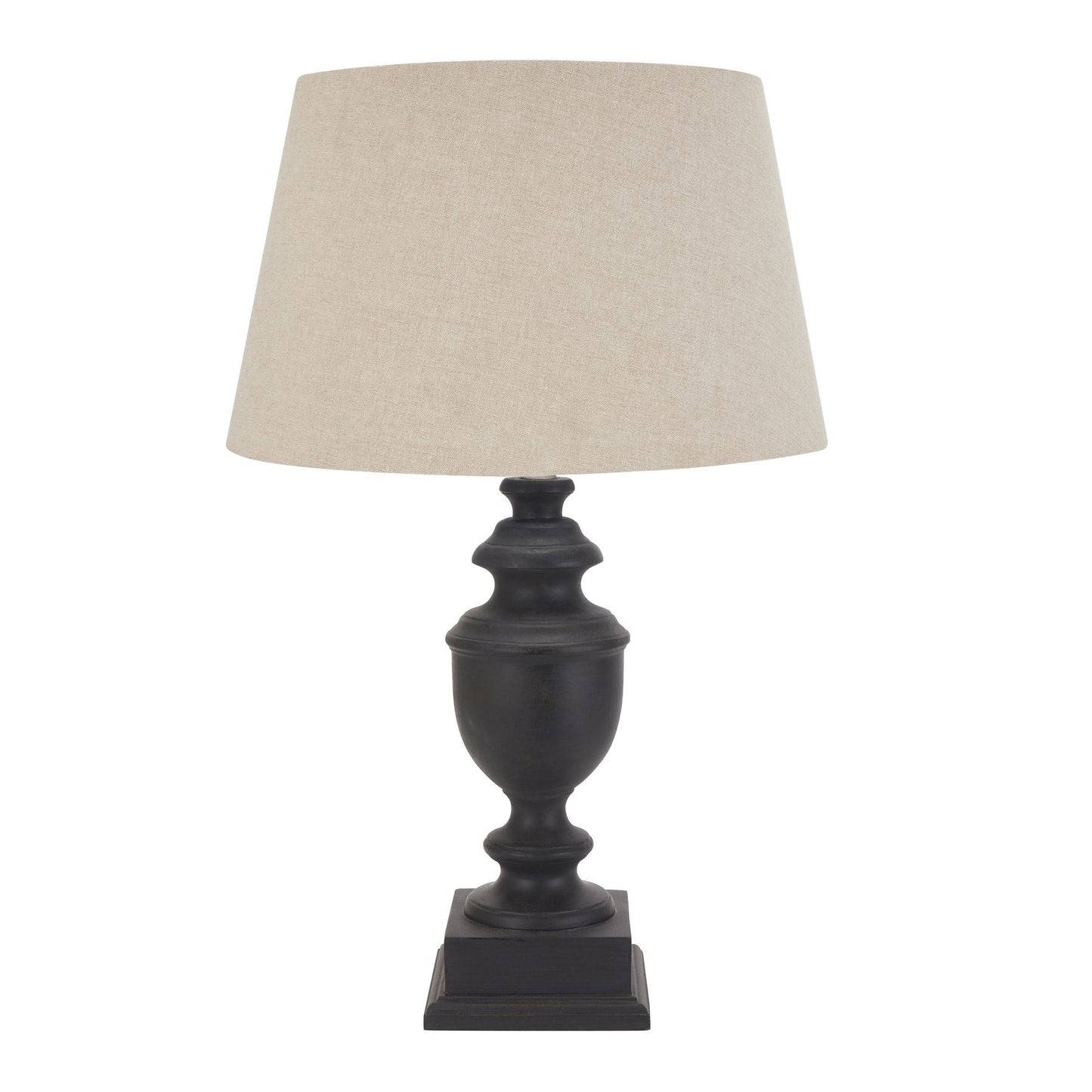 full length of the grey urn table lamp with linen lamp shade