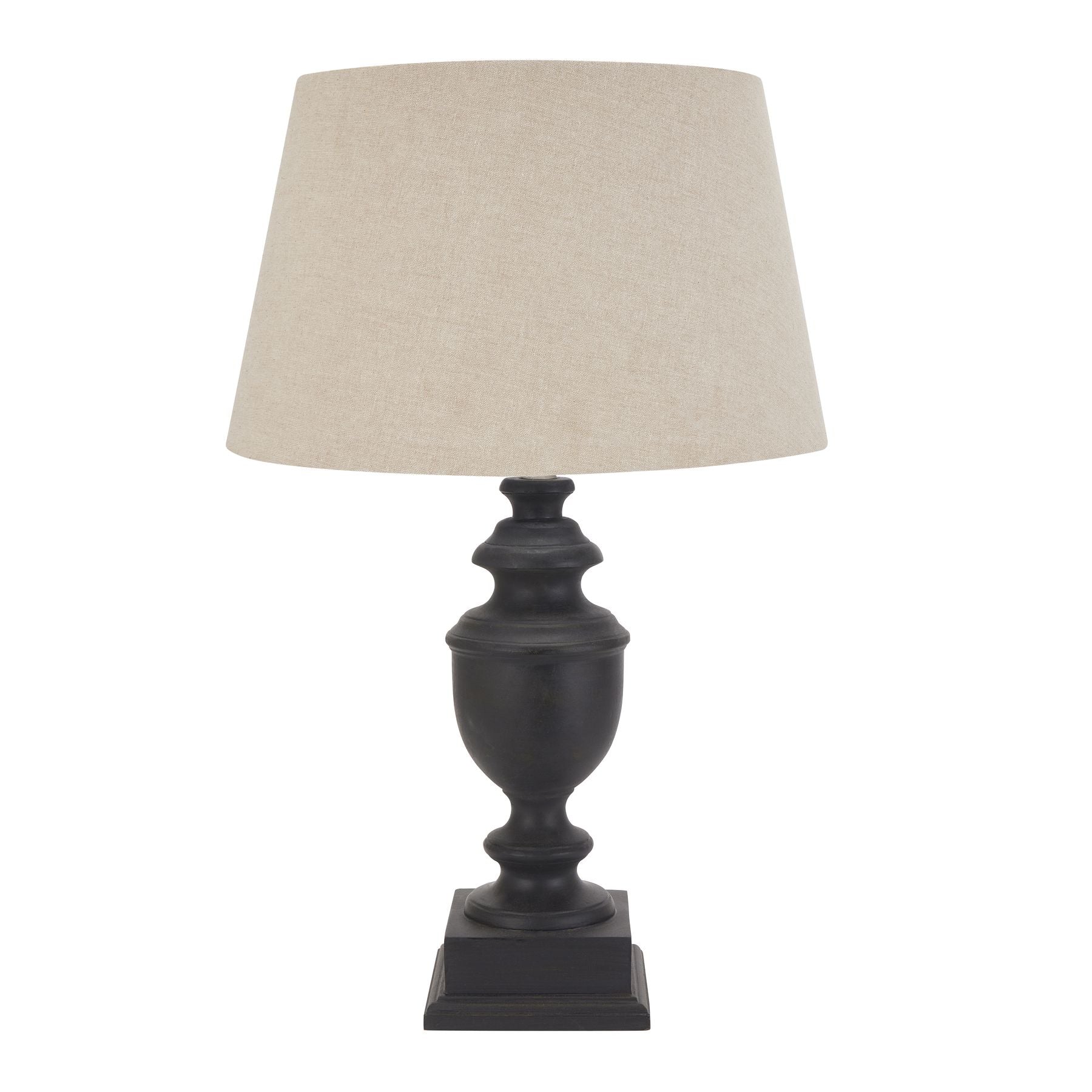 full length of the grey urn table lamp with linen lamp shade