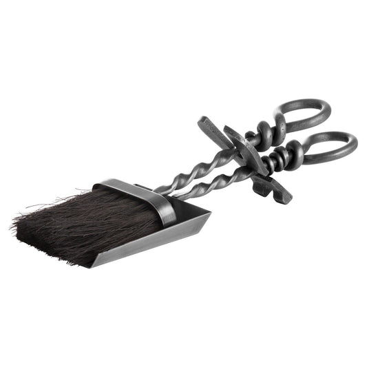 dark silver hearth tidy set, both dustpan and brush have loop turned handles