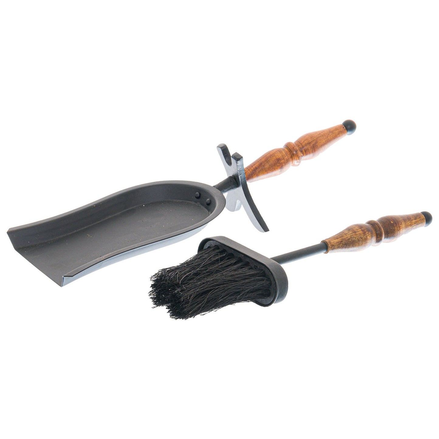 metal shovel and brush hearth set with wooden handles