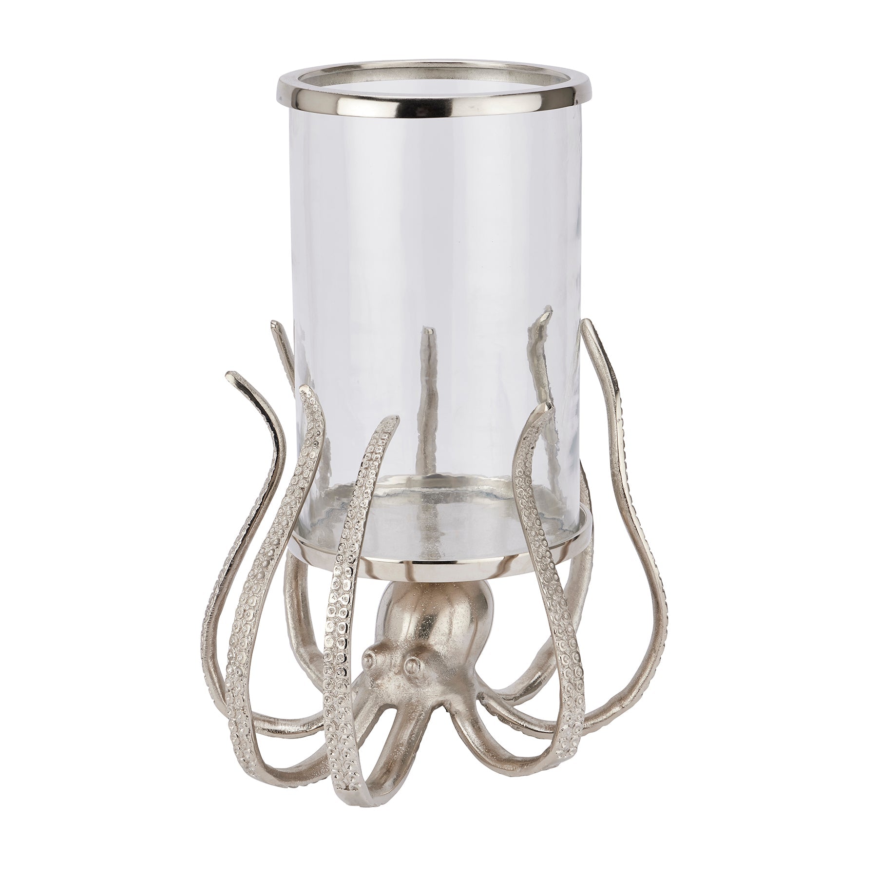 full length of octopus candle holder. The octopus uses it's legs to hold the glass hurricane lamp above its head