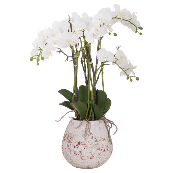 Artificial white orchid in stone pot