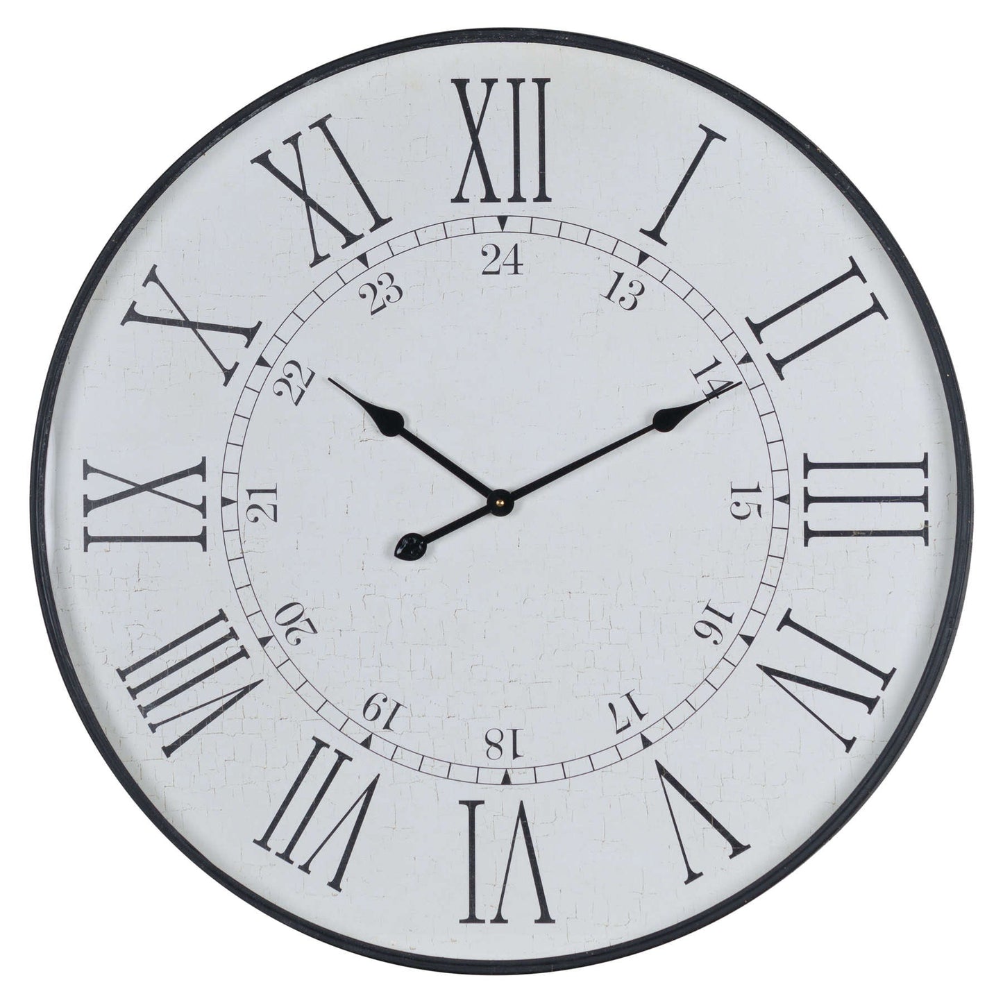 large station clock with distressed white face and black Roman numerals and twenty four hour clock