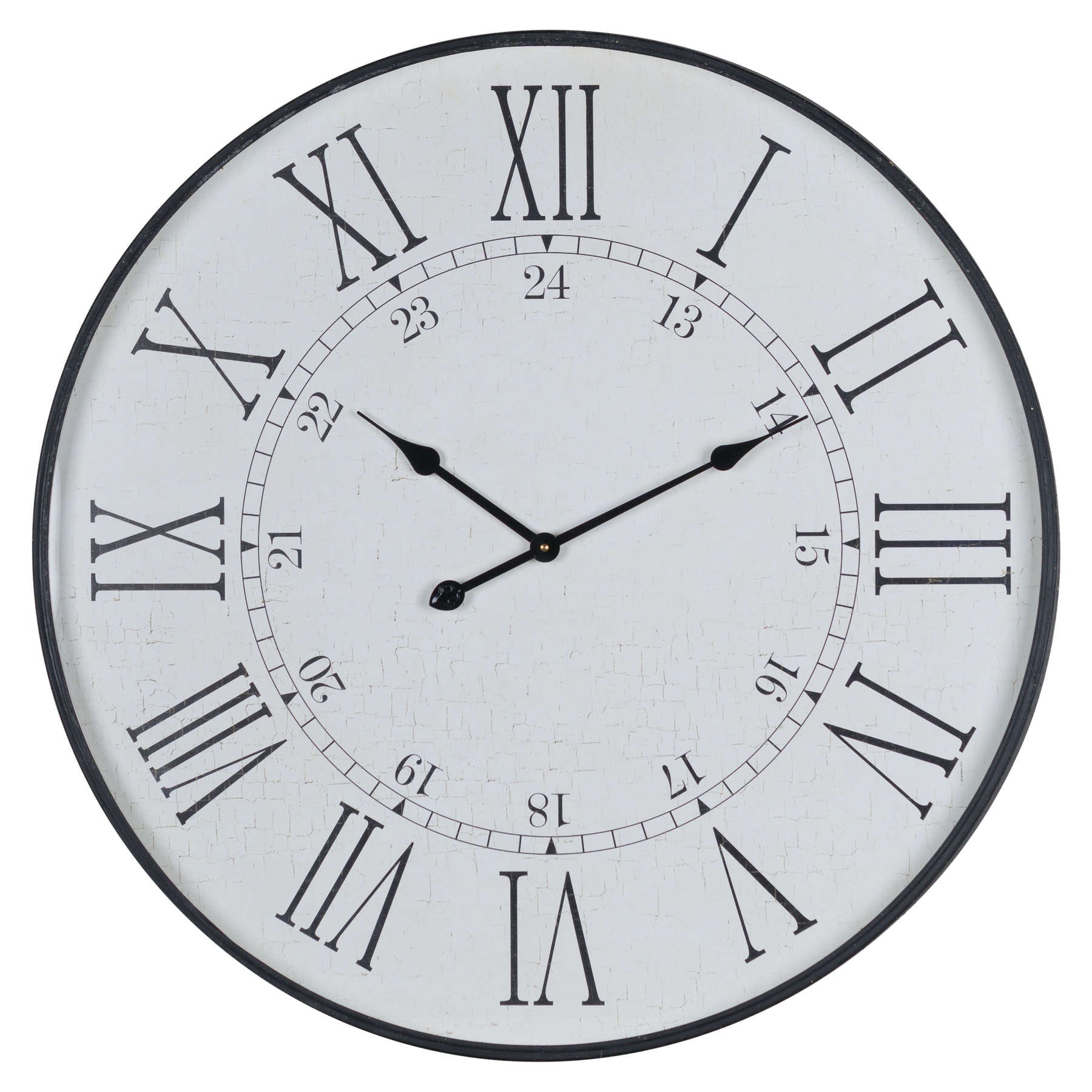 large station clock with distressed white face and black Roman numerals and twenty four hour clock