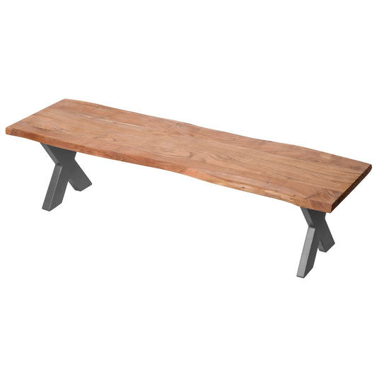 live edge wood dining bench with metal cross leg frame