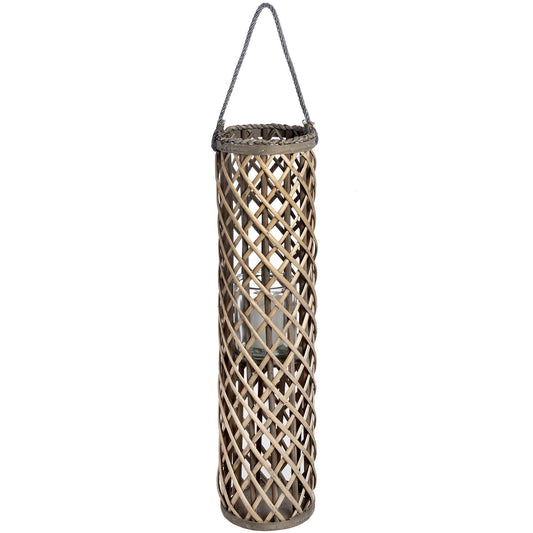 large natural wicker lantern with glass hurricane