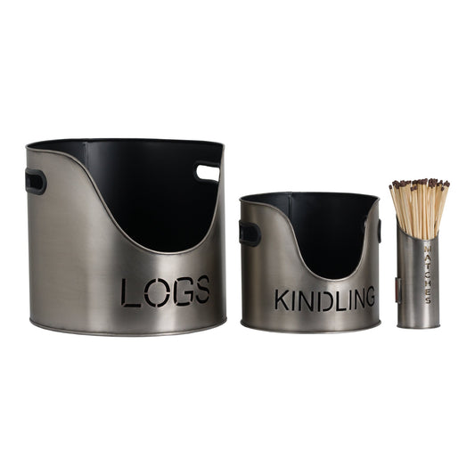 Pewter Finish Logs, Kindling Buckets & Matchstick Holder