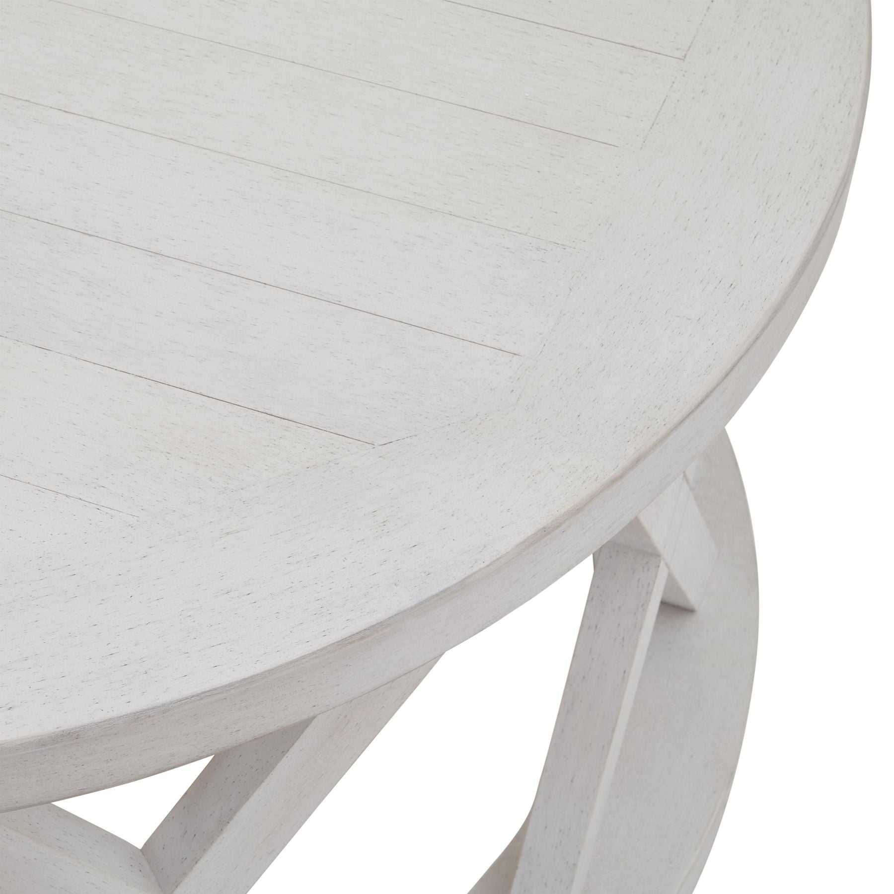 top of the round coffee table showing the pine plank white distressed top