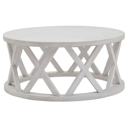 round coffee table in distressed white finish