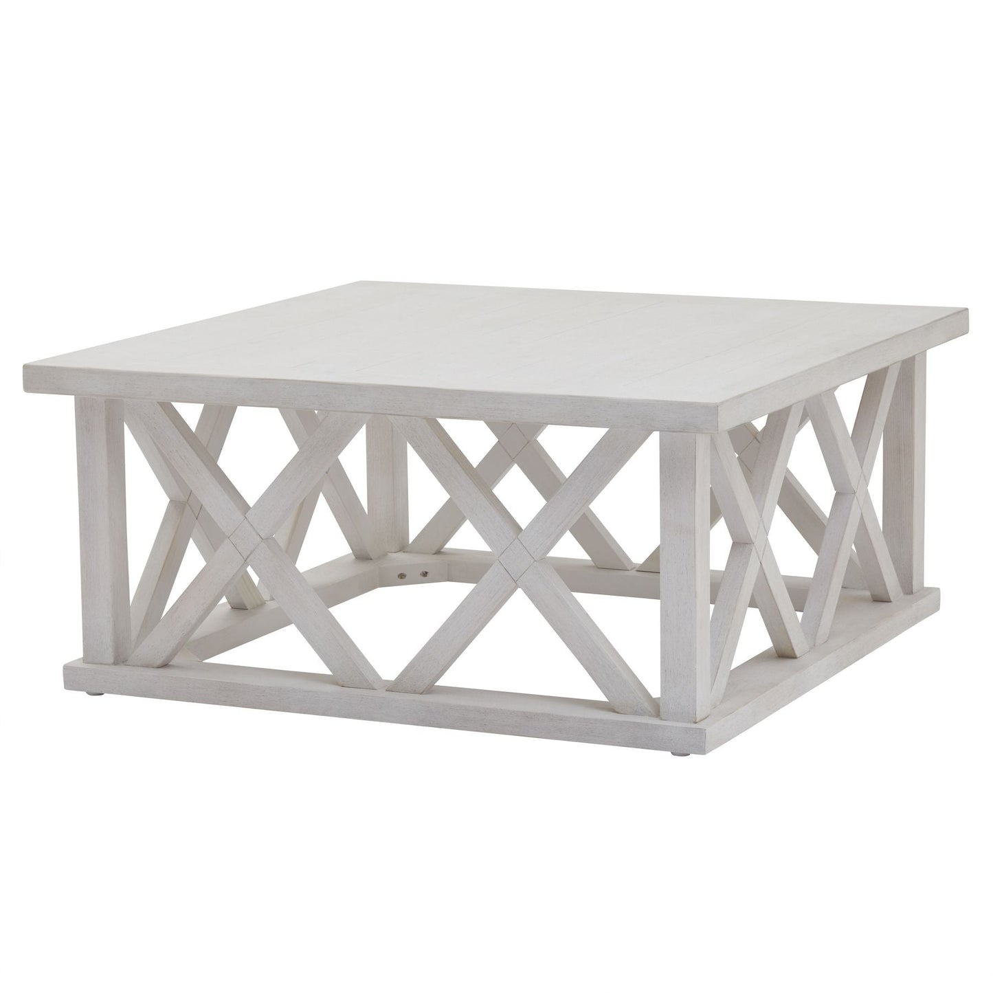 Square Coffee Table in distressed white finish, with lattice sides. Made from pine