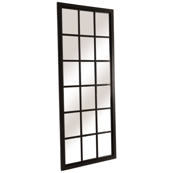 angle of tall black window pane mirror