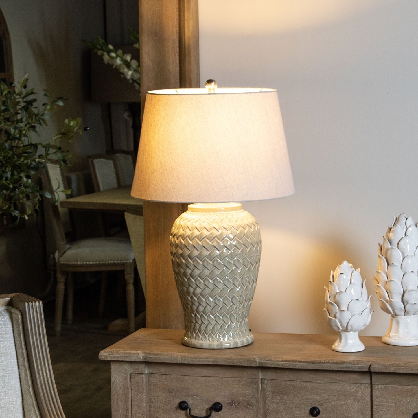 Woven Table Lamp with Linen Shade